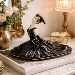 Elegant Black & Gold Ceramic Figurine - Dressed Lady Decorative Accent